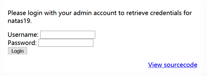Please login with your admin account to retrieve credentials for natas19